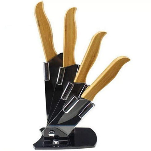 AussieSuperStore Homeware Supplies Black Blade Bamboo Handle Ceramic Set and Vegetable Peeler with Storage Stand Holder Black Blade Bamboo Handle Ceramic Knife Vegetable Peeler Storage CB5CERAMICSETBMB